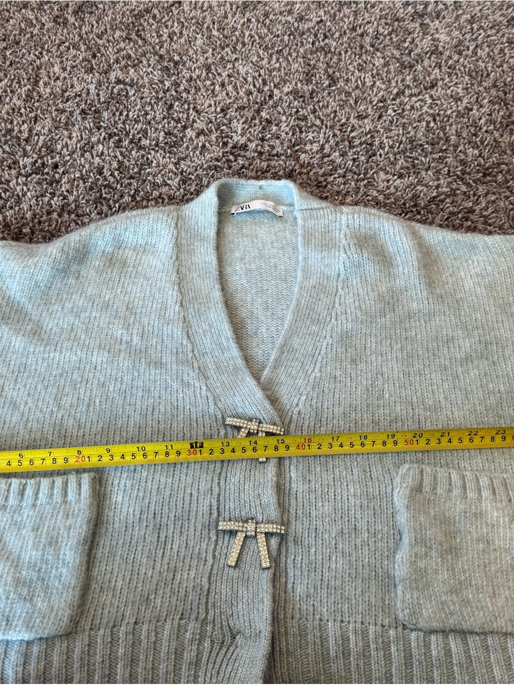 ZARA Jewel Bow Cardigan Sweater Baby Blue Coquette Blogger Favorite Preppy M - Picture 9 of 9